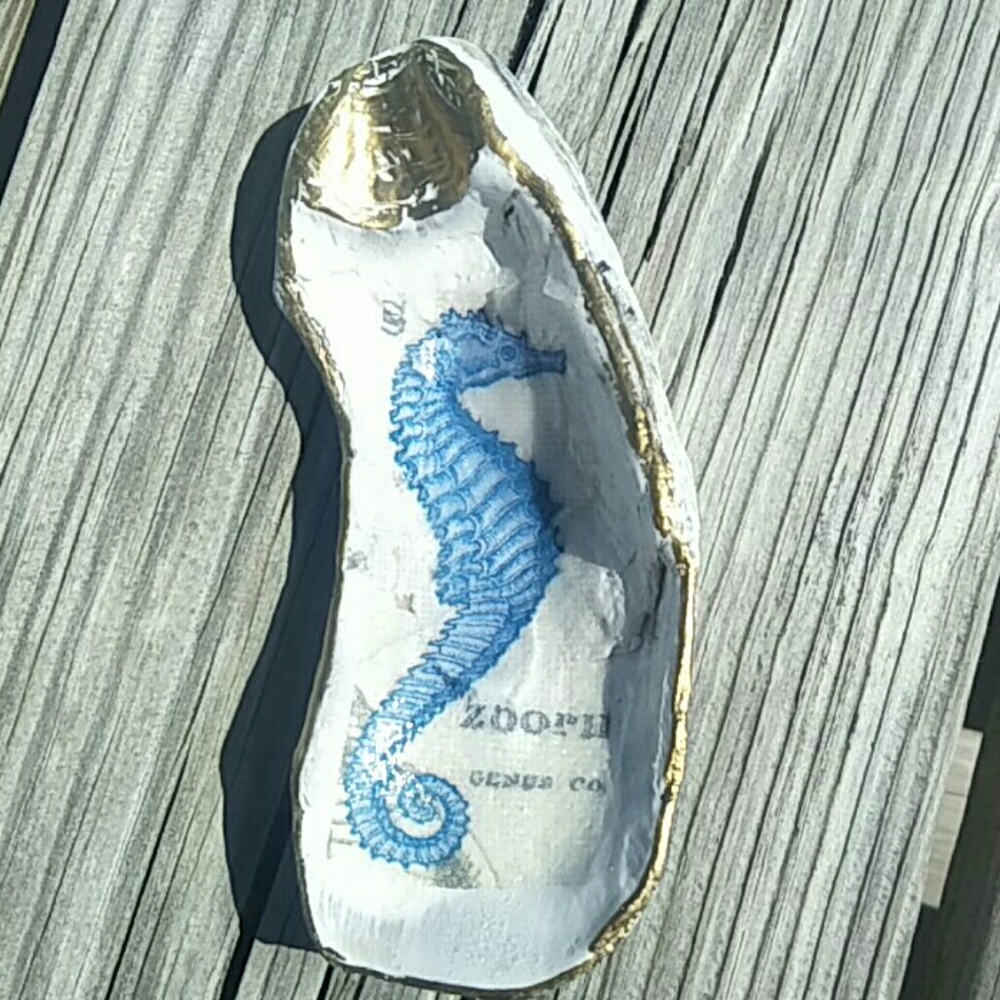 Seahorse Oyster Shell Ring dish 18k gold edges